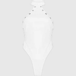 Woman Tops Vegan Leather Lace Up Halterneck Bodysuit - White