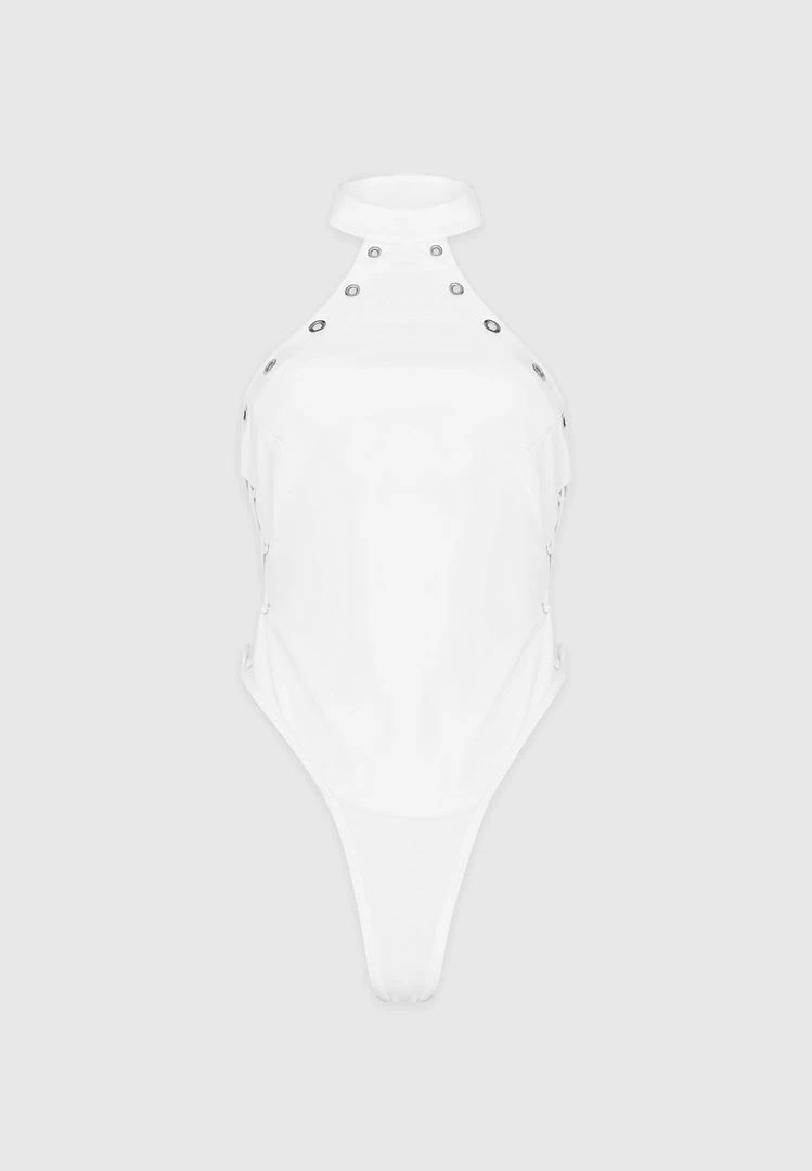Woman Tops Vegan Leather Lace Up Halterneck Bodysuit - White