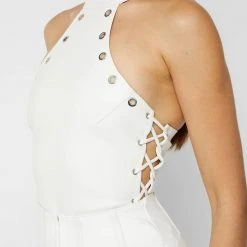 Woman Tops Vegan Leather Lace Up Halterneck Bodysuit - White