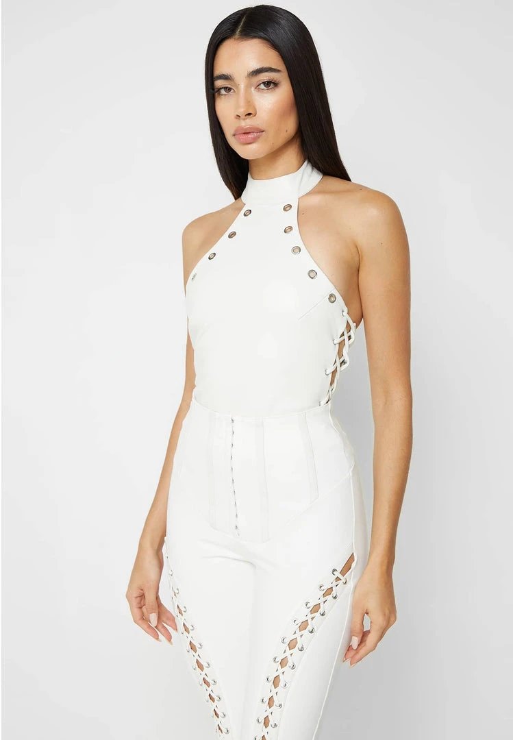 Woman Tops Vegan Leather Lace Up Halterneck Bodysuit - White