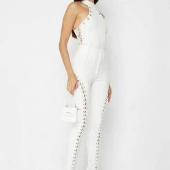 Woman Tops Vegan Leather Lace Up Halterneck Bodysuit - White