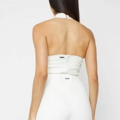Woman Tops Vegan Leather Lace Up Halterneck Bodysuit - White