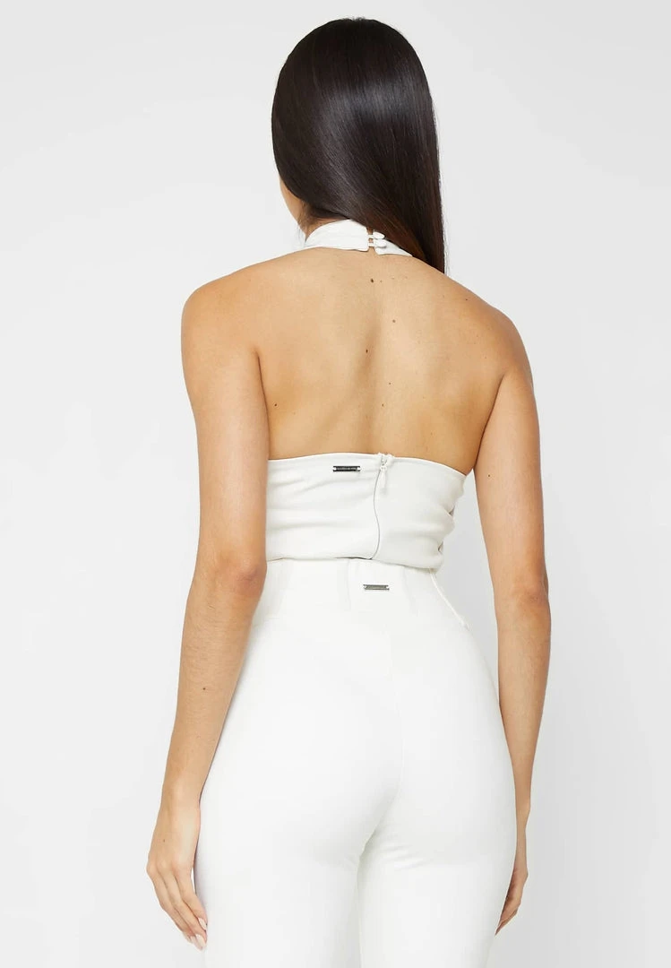 Woman Tops Vegan Leather Lace Up Halterneck Bodysuit - White
