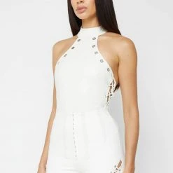 Woman Tops Vegan Leather Lace Up Halterneck Bodysuit - White