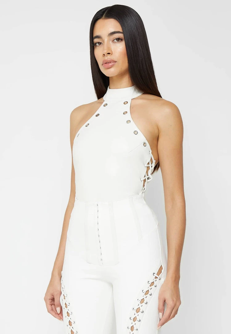Woman Tops Vegan Leather Lace Up Halterneck Bodysuit - White