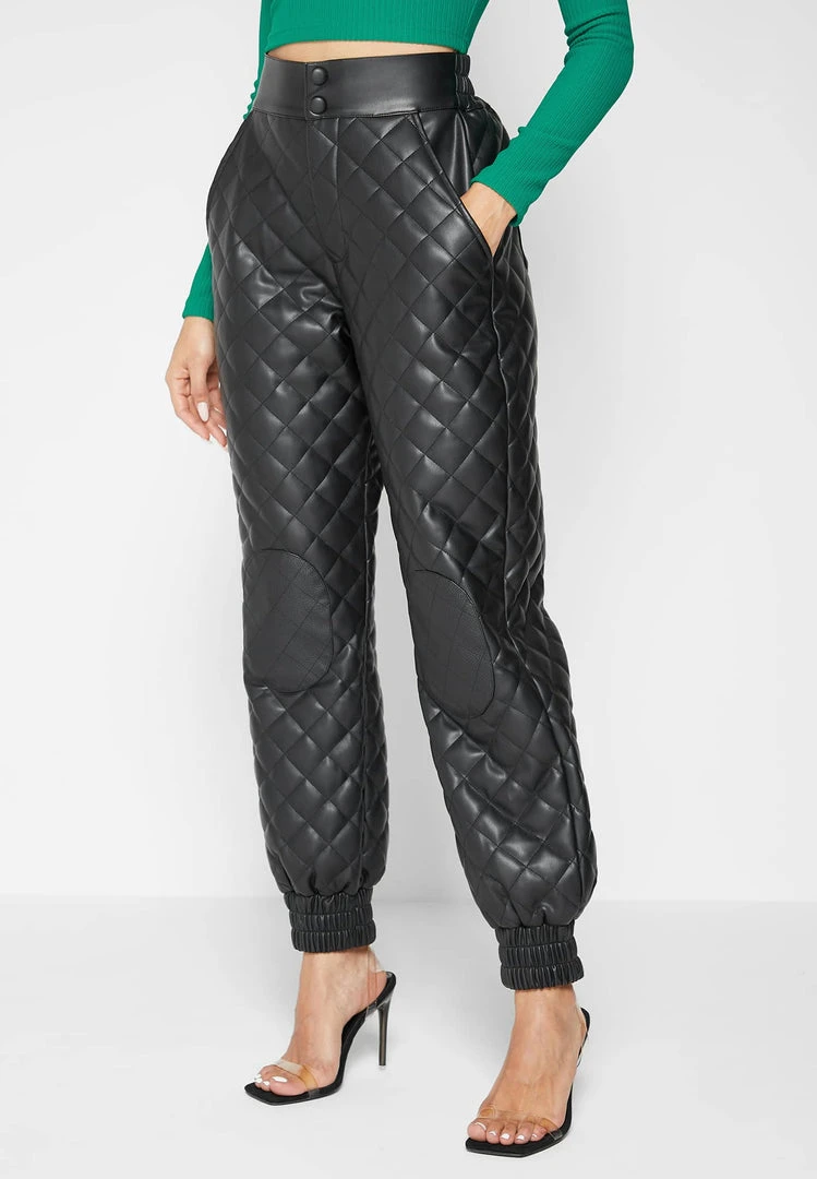 Woman Trousers CARGO PANTS & JOGGERS Vegan Leather Quilted Joggers - Black