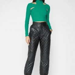 Woman Trousers CARGO PANTS & JOGGERS Vegan Leather Quilted Joggers - Black