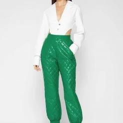 Woman Trousers Vegan Leather Quilted Joggers - Green CARGO PANTS & JOGGERS