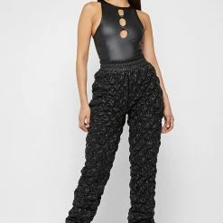 Woman Trousers CARGO PANTS & JOGGERS Vegan Leather Ruched Joggers - Black