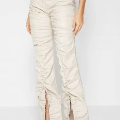 Woman Trousers Vegan Leather Ruched Trousers - Beige