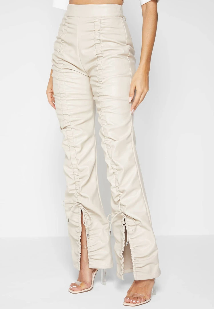 Woman Trousers Vegan Leather Ruched Trousers - Beige