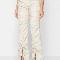 Woman Trousers Vegan Leather Ruched Trousers - Beige