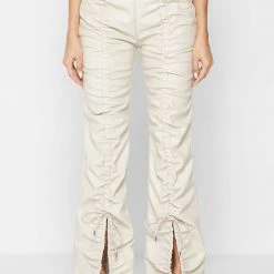 Woman Trousers Vegan Leather Ruched Trousers - Beige