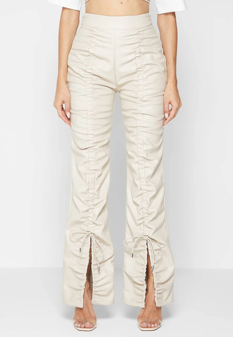 Woman Trousers Vegan Leather Ruched Trousers - Beige