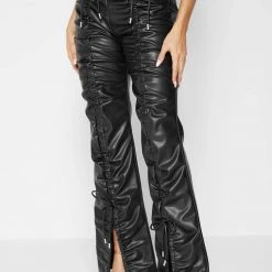 Woman Trousers Vegan Leather Ruched Trousers - Black