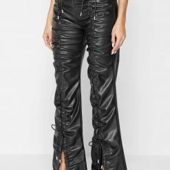 Woman Trousers Vegan Leather Ruched Trousers - Black