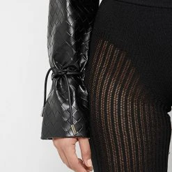 Woman Jackets Vegan Leather Woven Cropped Jacket - Black