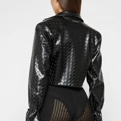 Woman Jackets Vegan Leather Woven Cropped Jacket - Black