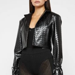 Woman Jackets Vegan Leather Woven Cropped Jacket - Black