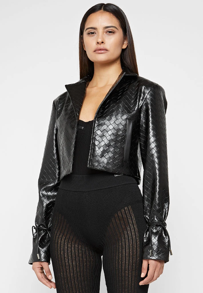 Woman Jackets Vegan Leather Woven Cropped Jacket - Black