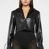 Woman Jackets Vegan Leather Woven Cropped Jacket - Black