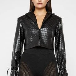 Woman Jackets Vegan Leather Woven Cropped Jacket - Black