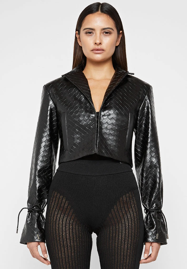 Woman Jackets Vegan Leather Woven Cropped Jacket - Black