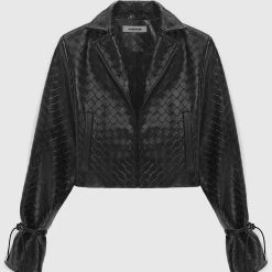 Woman Jackets Vegan Leather Woven Cropped Jacket - Black
