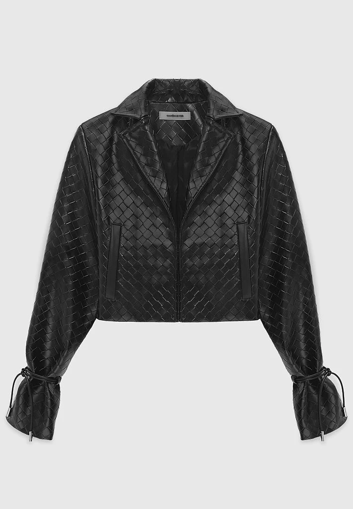 Woman Jackets Vegan Leather Woven Cropped Jacket - Black