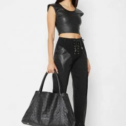 Woman Accessories Vegan Leather Woven Tote Bag - Black