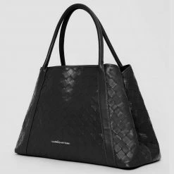Woman Accessories Vegan Leather Woven Tote Bag - Black