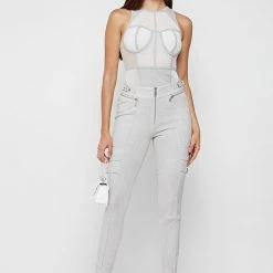 Woman Leggings Vegan Suede Strap Leggings - Iced Grey