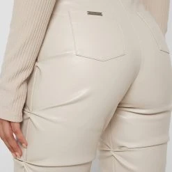 Woman Trousers Tacked Vegan Leather Flared Trousers - Beige