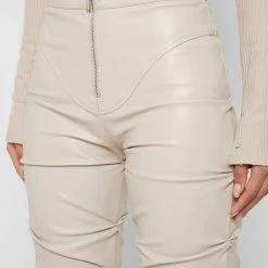 Woman Trousers Tacked Vegan Leather Flared Trousers - Beige