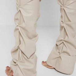 Woman Trousers Tacked Vegan Leather Flared Trousers - Beige