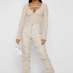 Woman Trousers Tacked Vegan Leather Flared Trousers - Beige
