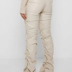 Woman Trousers Tacked Vegan Leather Flared Trousers - Beige