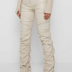 Woman Trousers Tacked Vegan Leather Flared Trousers - Beige