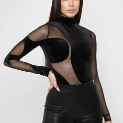 Woman Tops Velour & Mesh Contour Bodysuit - Black