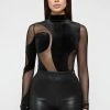 Woman Tops Velour & Mesh Contour Bodysuit - Black