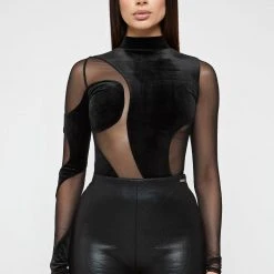 Woman Tops Velour & Mesh Contour Bodysuit - Black