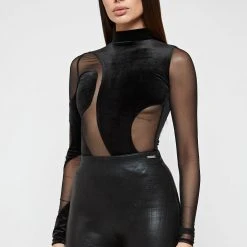 Woman Tops Velour & Mesh Contour Bodysuit - Black
