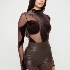 Woman Tops Velour & Mesh Contour Bodysuit - Brown