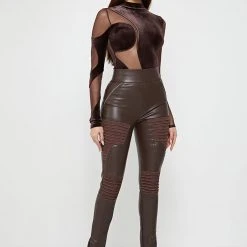 Woman Tops Velour & Mesh Contour Bodysuit - Brown