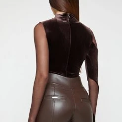 Woman Tops Velour & Mesh Contour Bodysuit - Brown