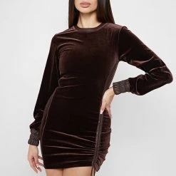 Woman Dresses Velour Mini Dress - Brown