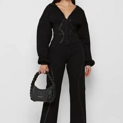 Woman Tracksuits Volume Sleeve Corset Hoodie - Black