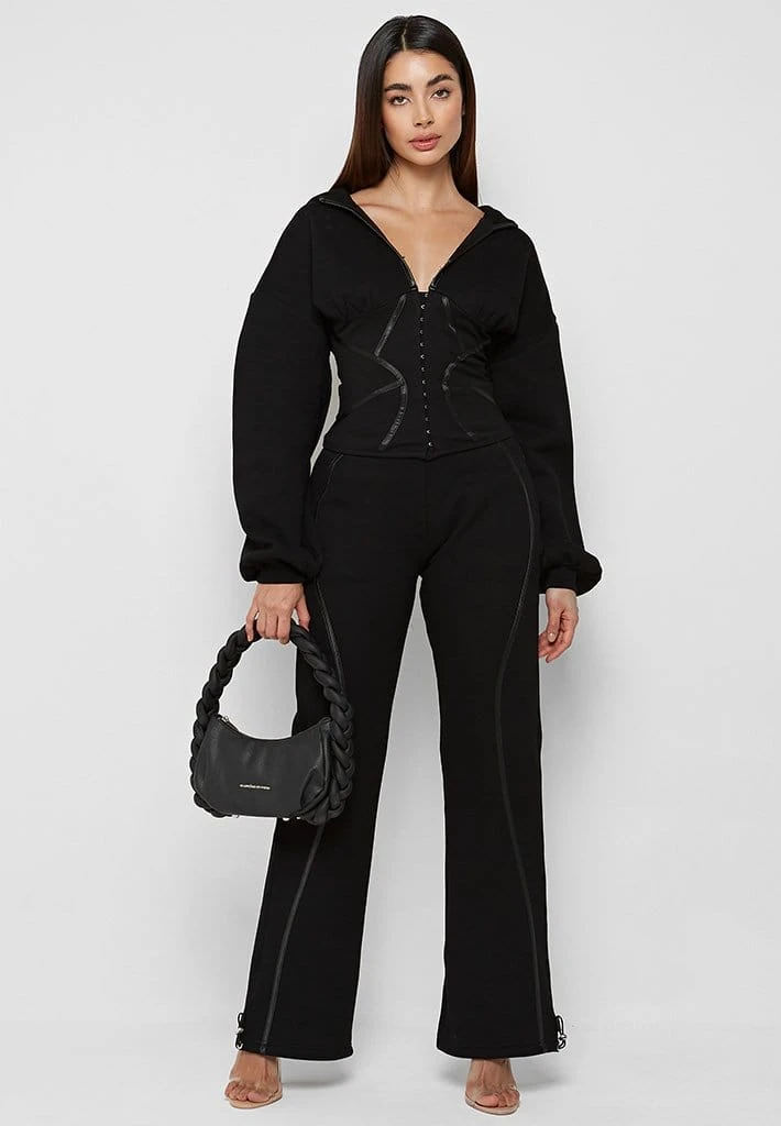 Woman Tracksuits Volume Sleeve Corset Hoodie - Black