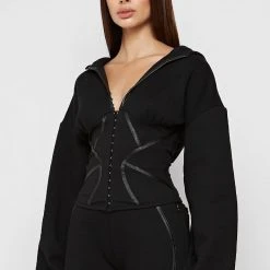 Woman Tracksuits Volume Sleeve Corset Hoodie - Black