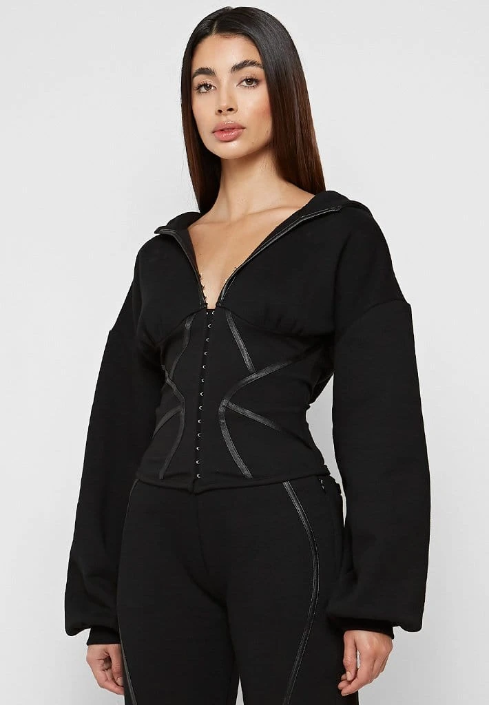 Woman Tracksuits Volume Sleeve Corset Hoodie - Black